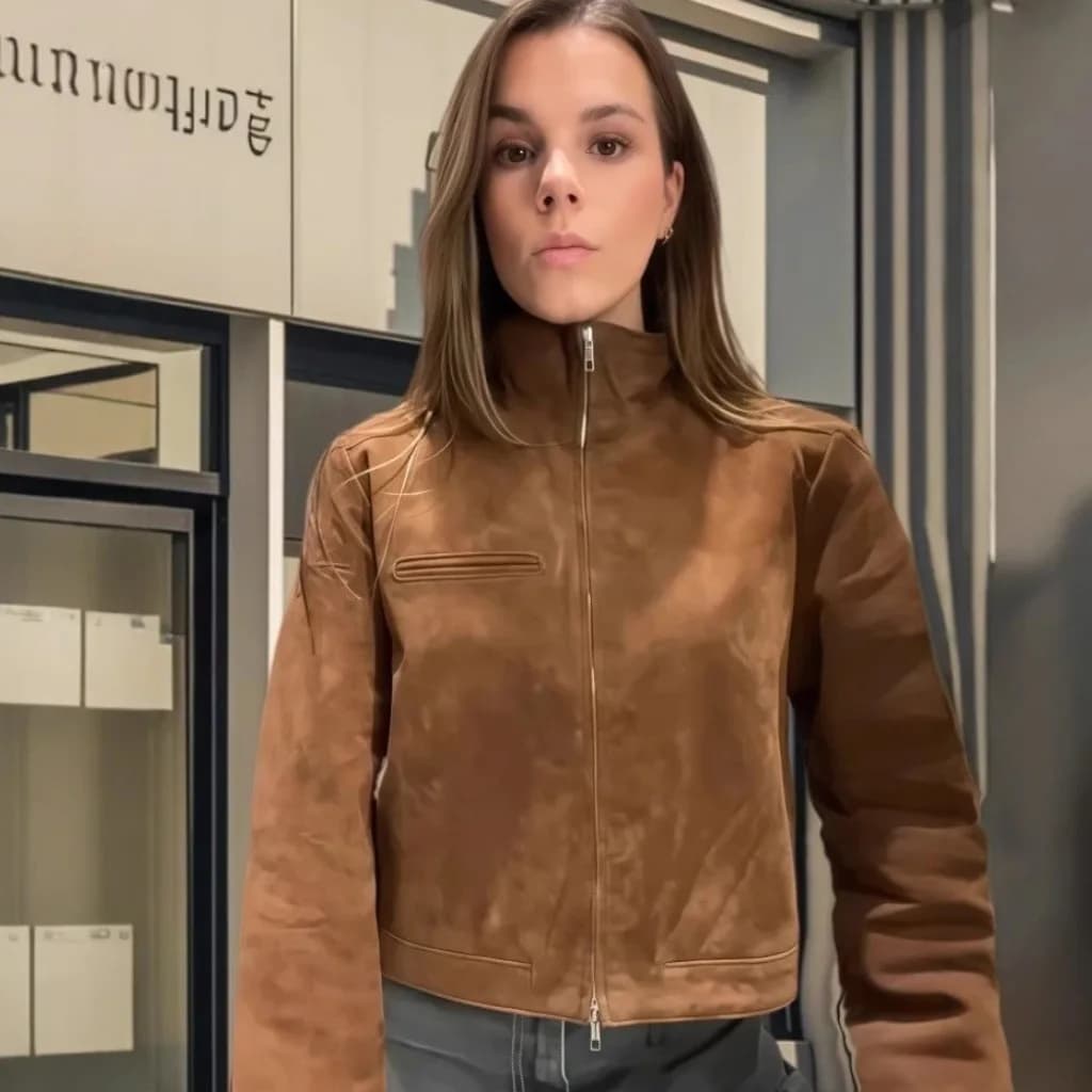 2025 New Stand-up Collar Suede Texture Women's Jacket Simple Retro Versatile Casual and Comfortable Short Jacket