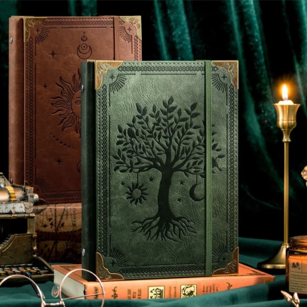 Quaderno Vintage in Pelle con Albero della Vita, Planner Spesso per Studenti, Taccuino Ricaricabile per Studio Magico