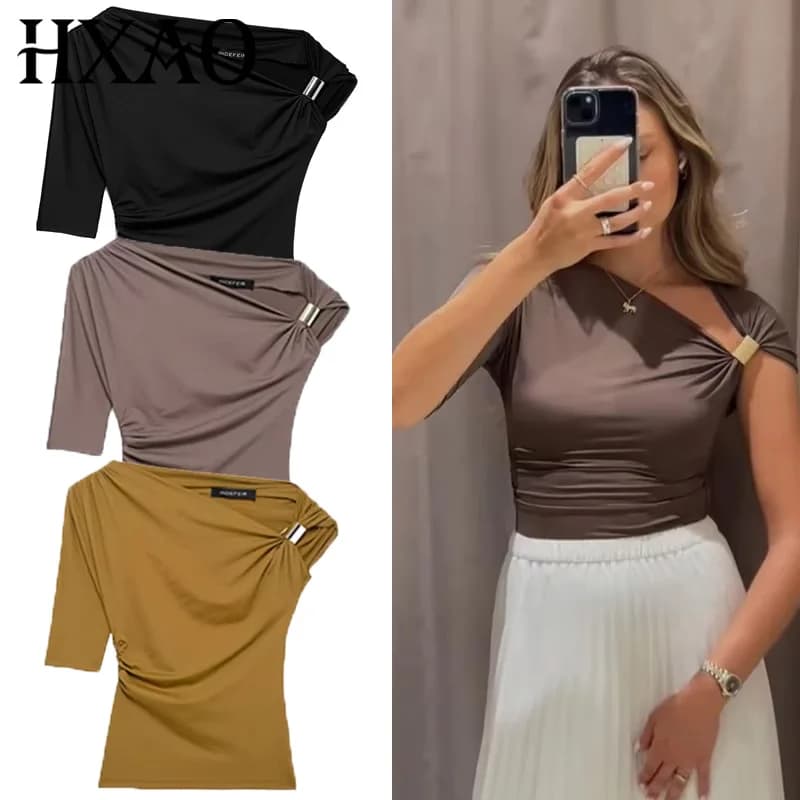 HXAO Asymmetrical Top Women Sexy Tanks & Camis Summer 2025 Yellow Black Tank Top Solid Tight Casual Tops Streetwear Y2k T-Shirt