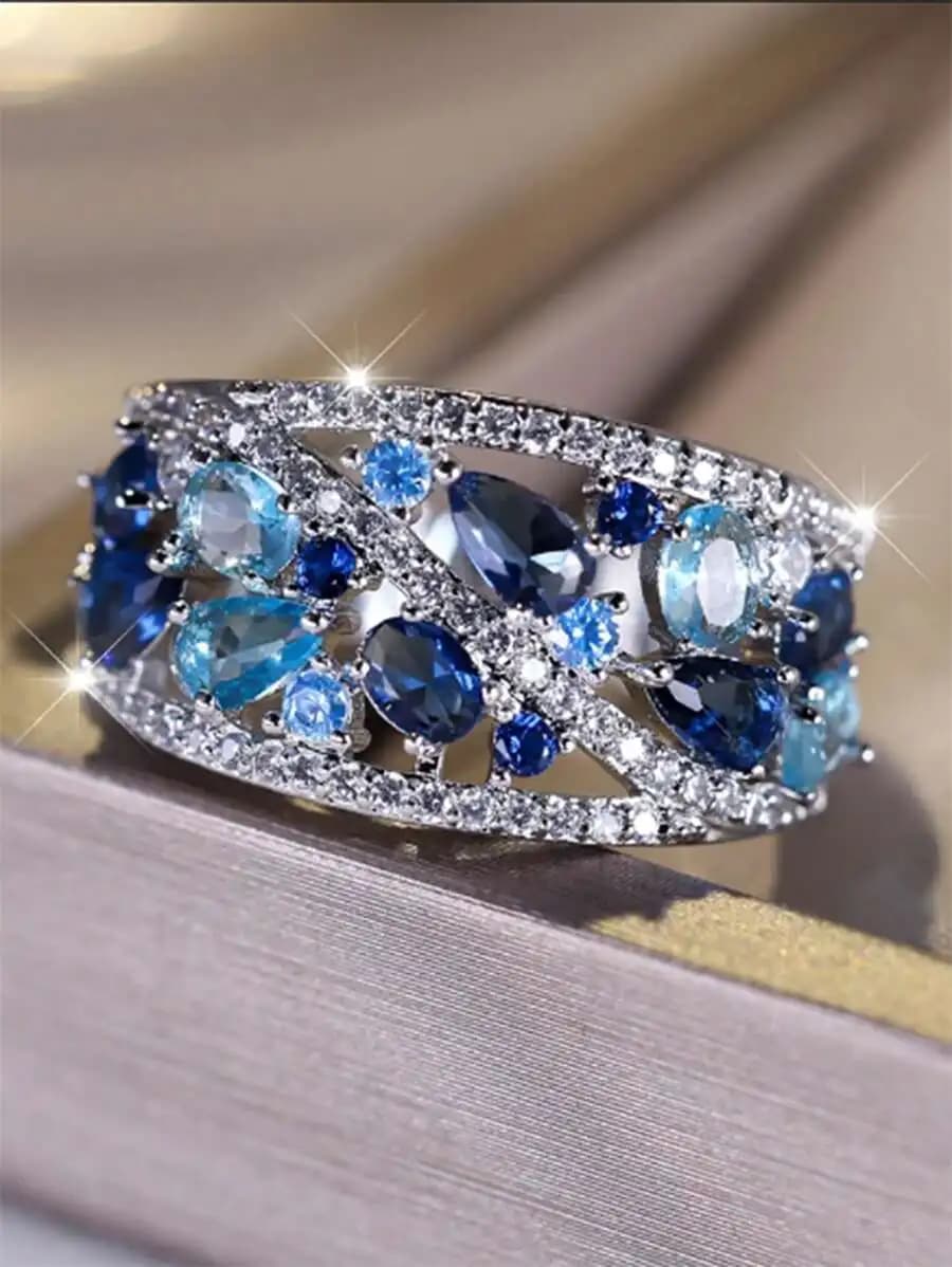 Anello con pietra a goccia di cristallo blu per regalo di gioielli di moda da donna