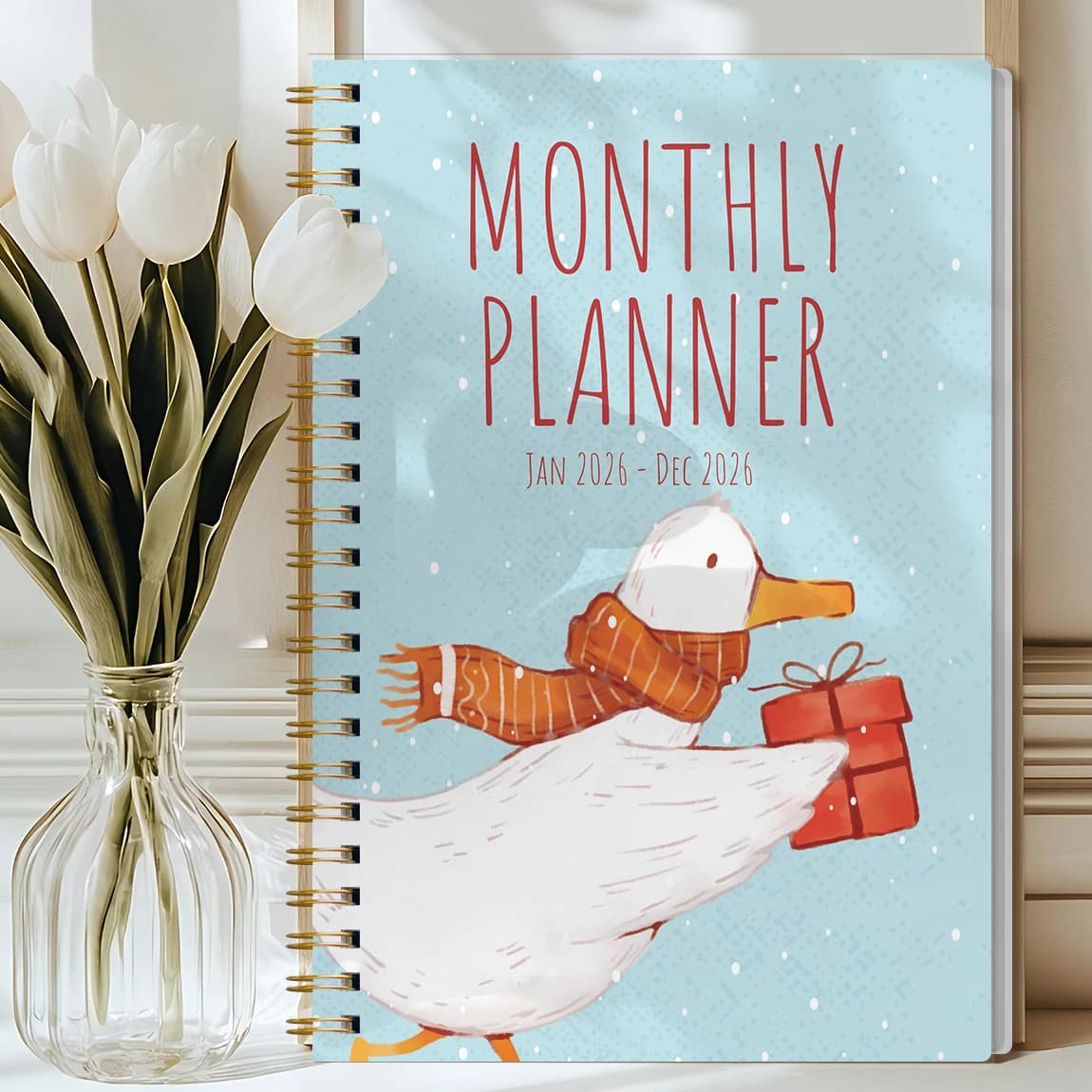 Agenda mensile 2026 Jan–Dec Simpatico quaderno a spirale con oca Calendario mensile con adesivi per l'ufficio scolastico