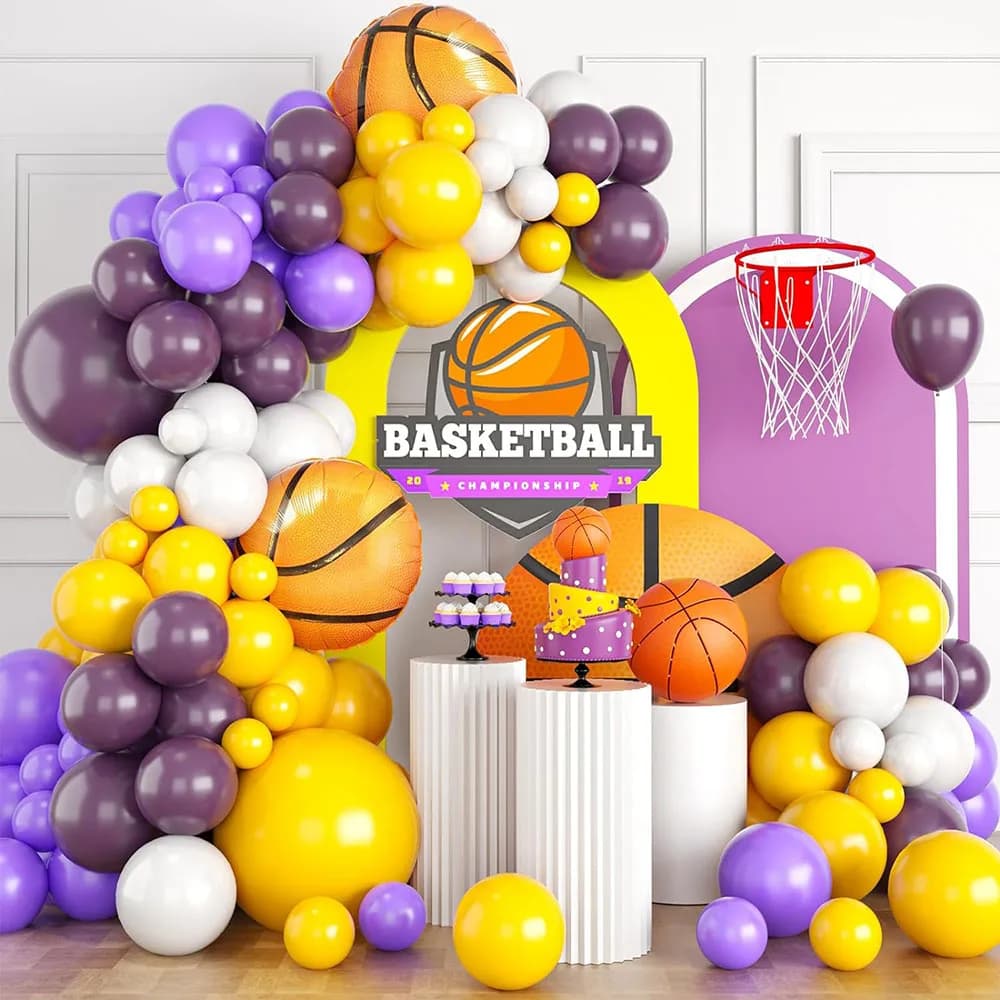 Set arco ghirlanda di palloncini gialli viola, palloncino in lattice bianco viola scuro con palloncino da basket in foglio di alluminio per ragazzo e ragazza