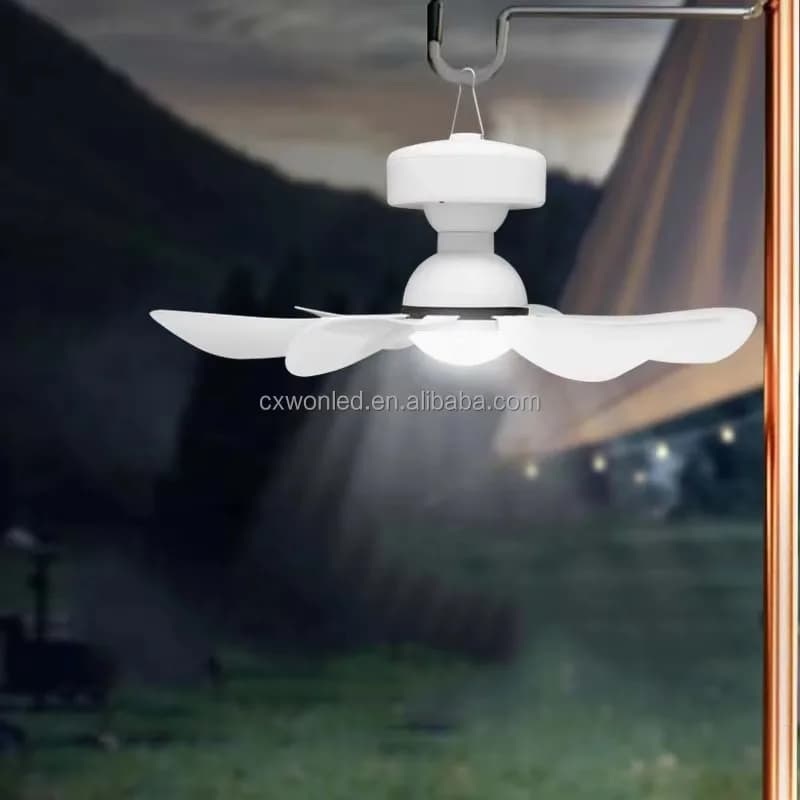 Ventilatore da soffitto ad energia solare LED a 3 colori portatile per uso esterno/interno Lampadina per ventola di ricarica con pannello solare ad alta efficienza energetica