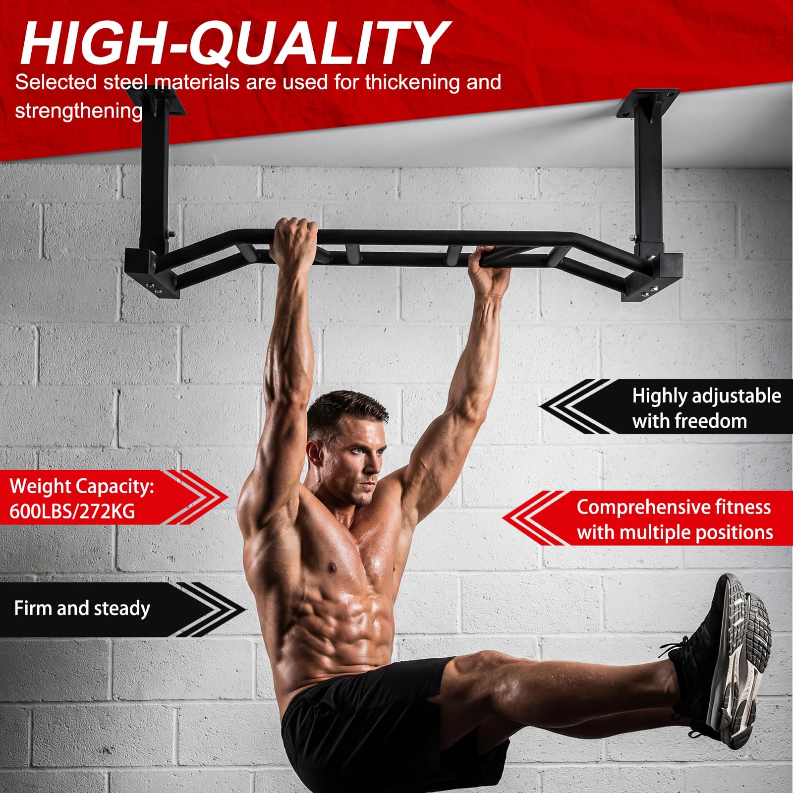 47 inch ceiling bar, adjustable height and supports up to 600 pounds, for home gym and strength training.