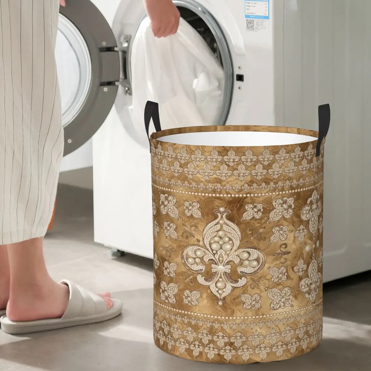 Fleur-de-lis Luxury foldable linen baskets with pearls and gold dirty clothes Toys Basket holders Organizer bag for home