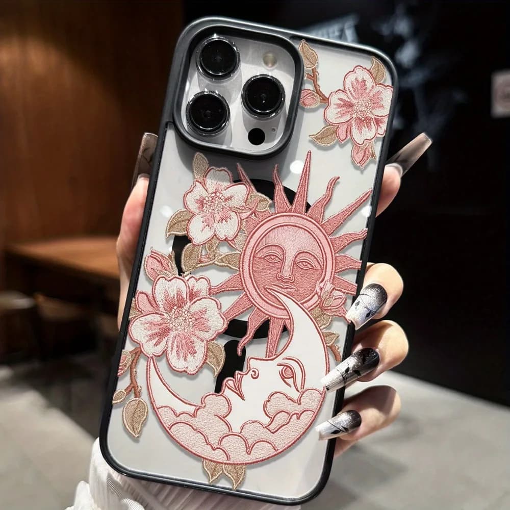 Sun Moon Flower Pattern Magnetic Phone Case Suitable for iPhone 17 16 15 14 13 12 11 Pro/Max/Plus Anti Drop and Anti Shock
