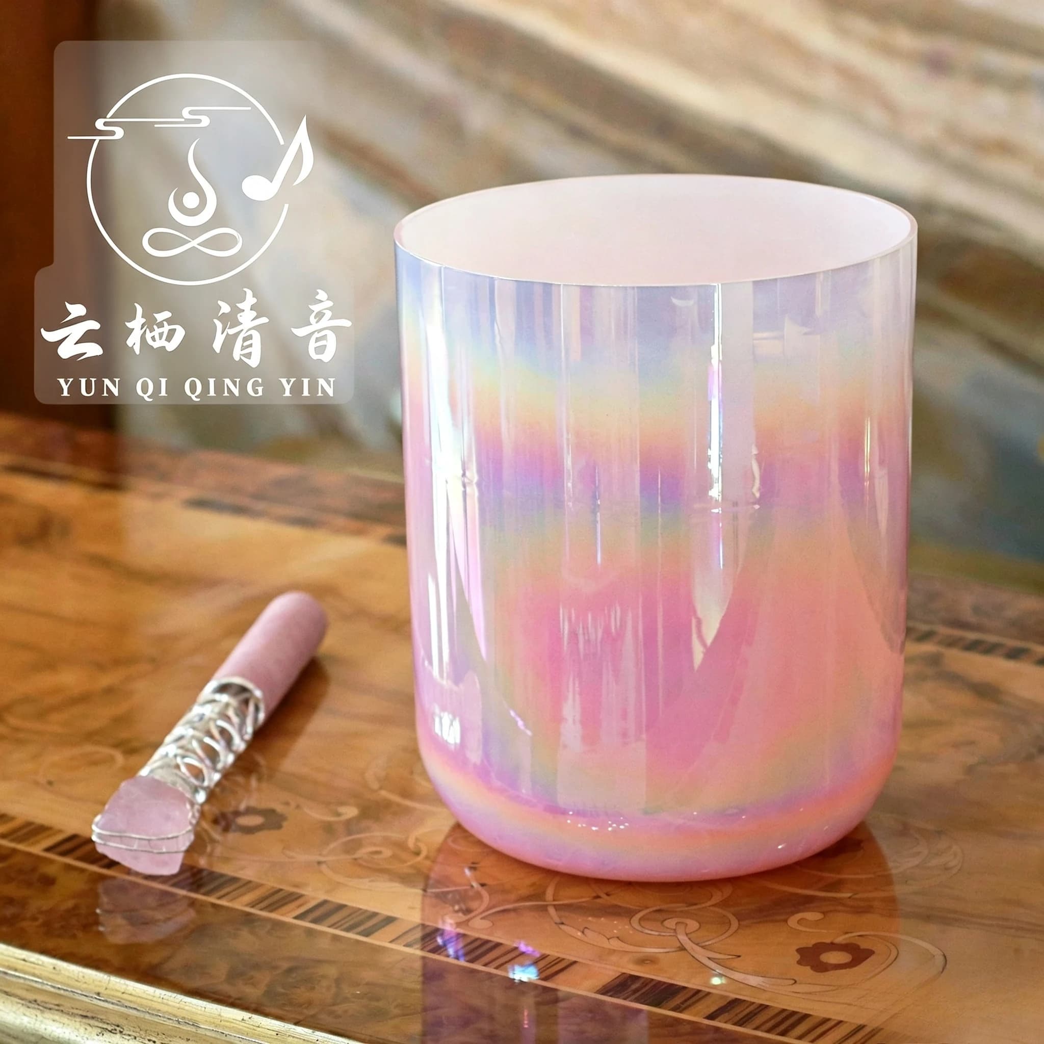 YUN QI QING YIN 432Hz 528Hz Romantic Girly Pink Aurora Gradient Frosted Clear Alchemy Crystal Singing Bowl Chakra Balancing Meditation Sound Healing Instrument