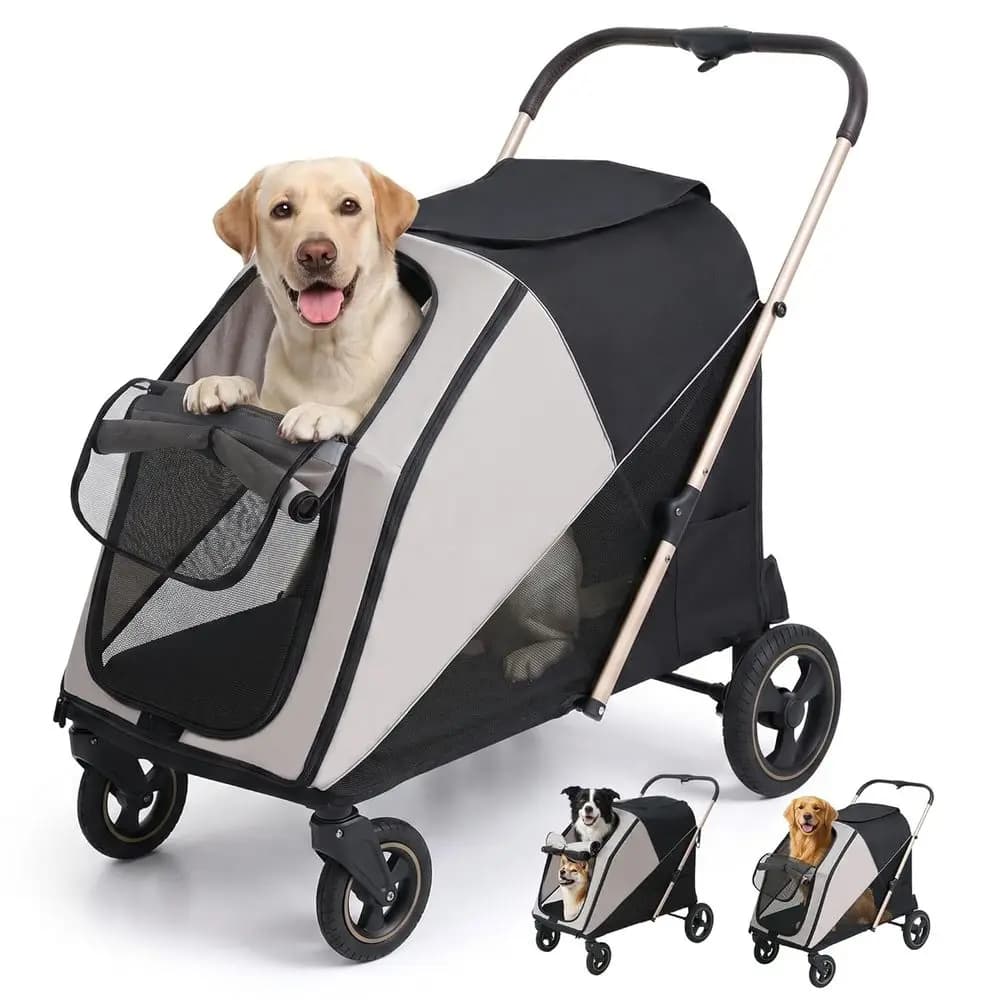 Passeggino per Cani di Taglia Grande a 4 Ruote con Doppio Ingresso, Freno a Un Piede, Nastro Riflettente, Rete Traspirante, per Cani fino a 36 kg