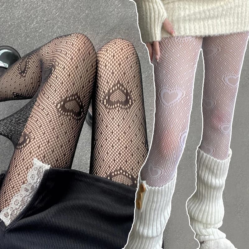 Collant a Rete con Motivo a Cuore e Fiori, Stile Lolita Giapponese, Bianco, per Donne, Leggings Estivi