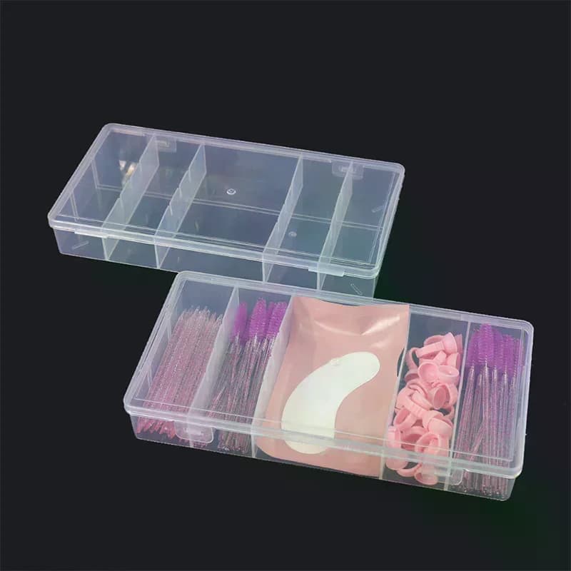 Scatola portaoggetti in plastica a 5 scomparti per la classificazione e l'esposizione di orecchini, gioielli ed extension ciglia, ideale per l'uso individuale.