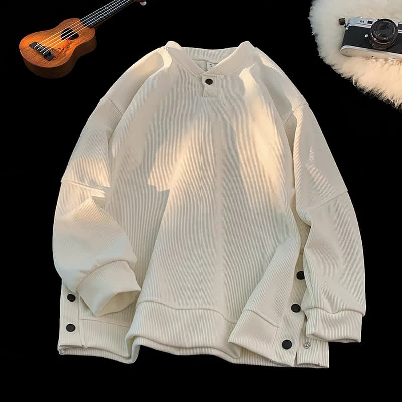 Felpa con cappuccio da uomo ampia, con bottoni laterali, maniche lunghe, scollo a V, casual, da indossare sotto, stile americano alla moda, per la primavera