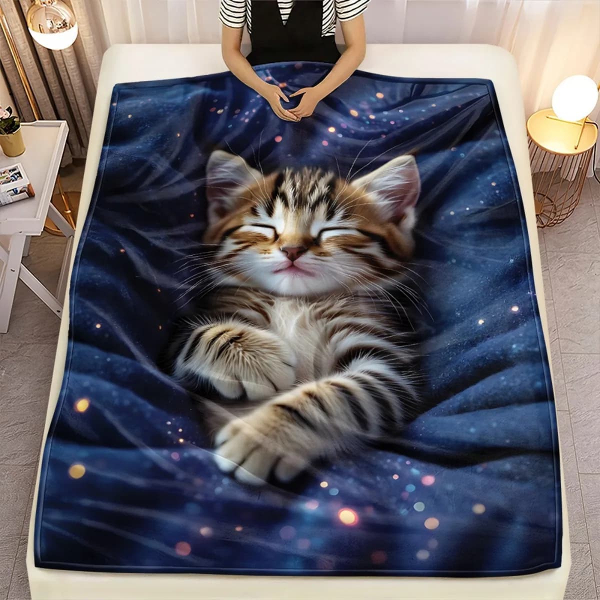 Morbida Coperta in Flanella con Stampa di Gattini Dormienti e Galassie, Plaid Accogliente per Divano, Letto, Camera da Letto, Ufficio, Calda, Leggera e Decorativa