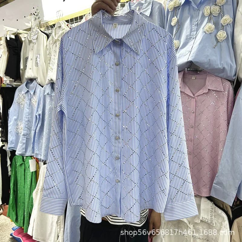 Women's Hot Drilling Grill Striped Shirts with Diamonds Plaid Long Sleeved Single-breasted Crystal Shirt