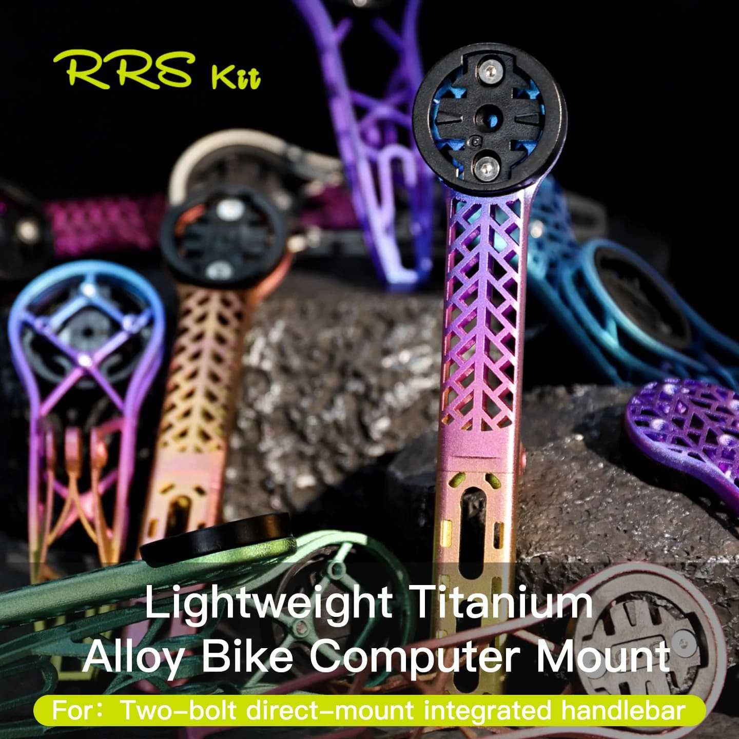 RRSKIT Staffa estesa colorata per computer da bicicletta stampata in 3D in lega di titanio per base universale Garmin con portalampada Gopro