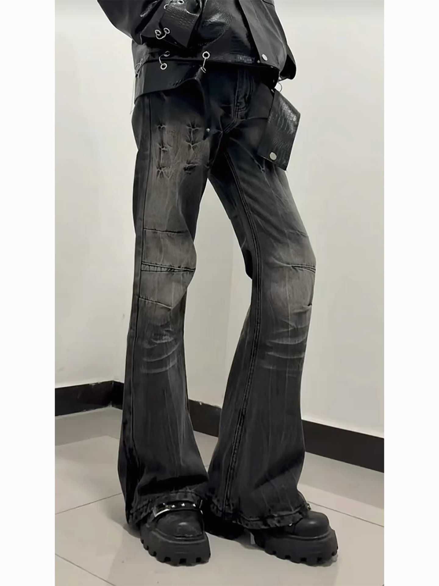 Bla Waed Lightning Pattern Men's Jeans Spring Autumn Y2K Design Flared Pants Retro Sle Middle Waist Zipper Closure Casual