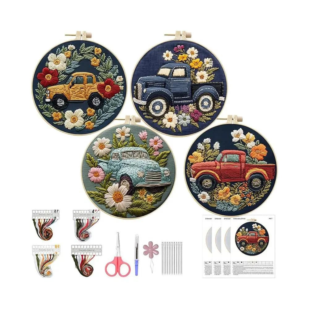 Kit di ricamo floreale con camion colorati, confezione da 4: kit punto croce con motivi floreali verdi per principianti | Kit per Principianti Fai-da-Te per Adulti Incluso