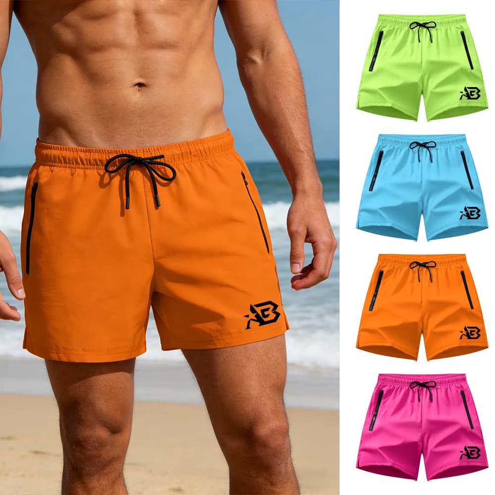 Pantaloncini sportivi da uomo con stampa di lettere, casual ed eleganti, con fodera in rete, tasche con doppia cerniera, costumi da bagno per nuoto e surf