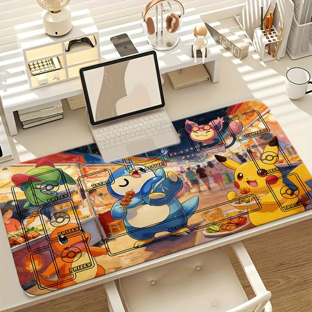 Play Mat Pokemon Night Market Feast TCG with Card Zones, Desk Mat
