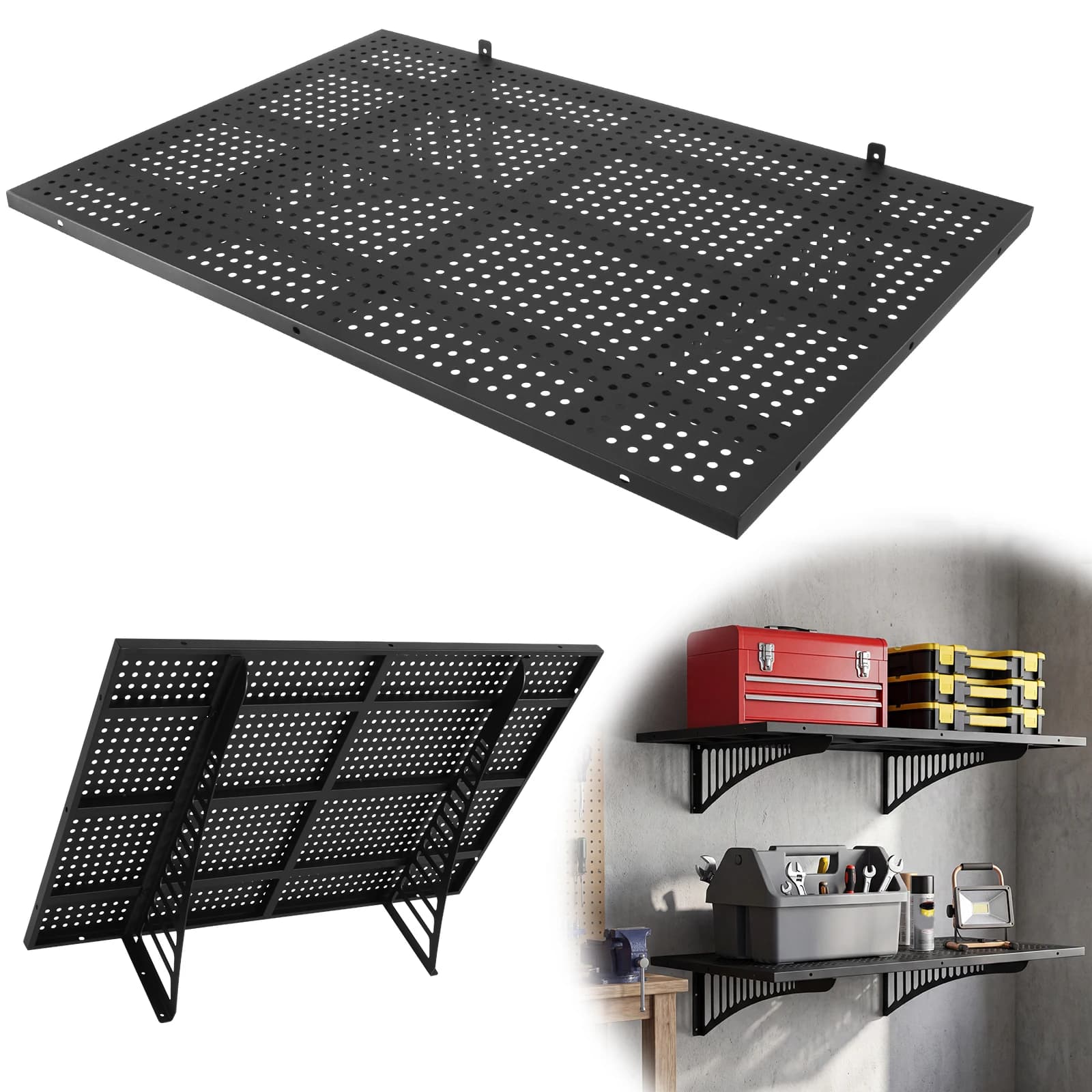 Set of 2 Wall Shelves for Garage 2x3ft, Charging Capacity 280 lbs, Wall Mounting with Hooks