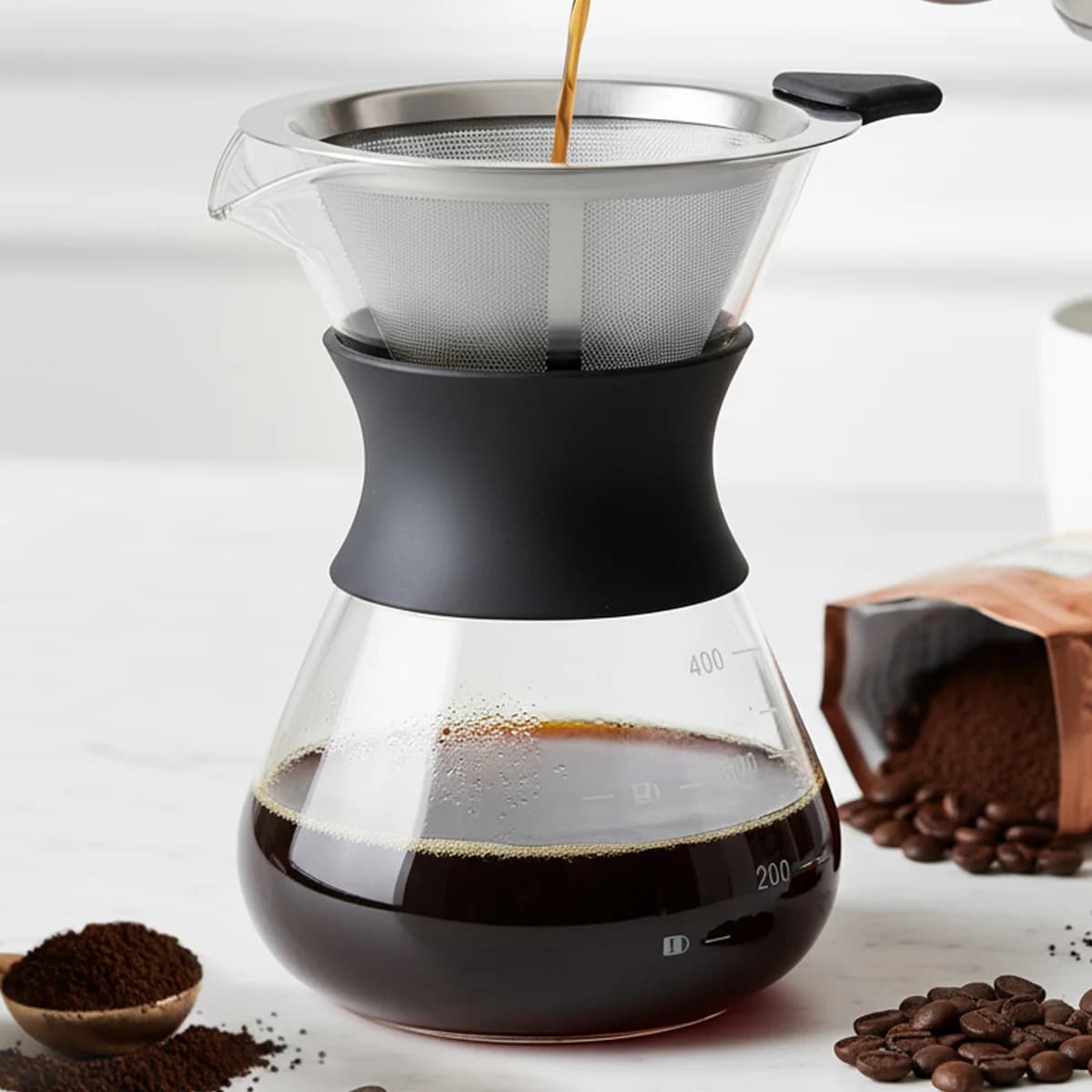 Leeseph Glass Pour Over Coffee Maker with stainless steel reusable drip filter, signs, suitable for kitchen, dining table