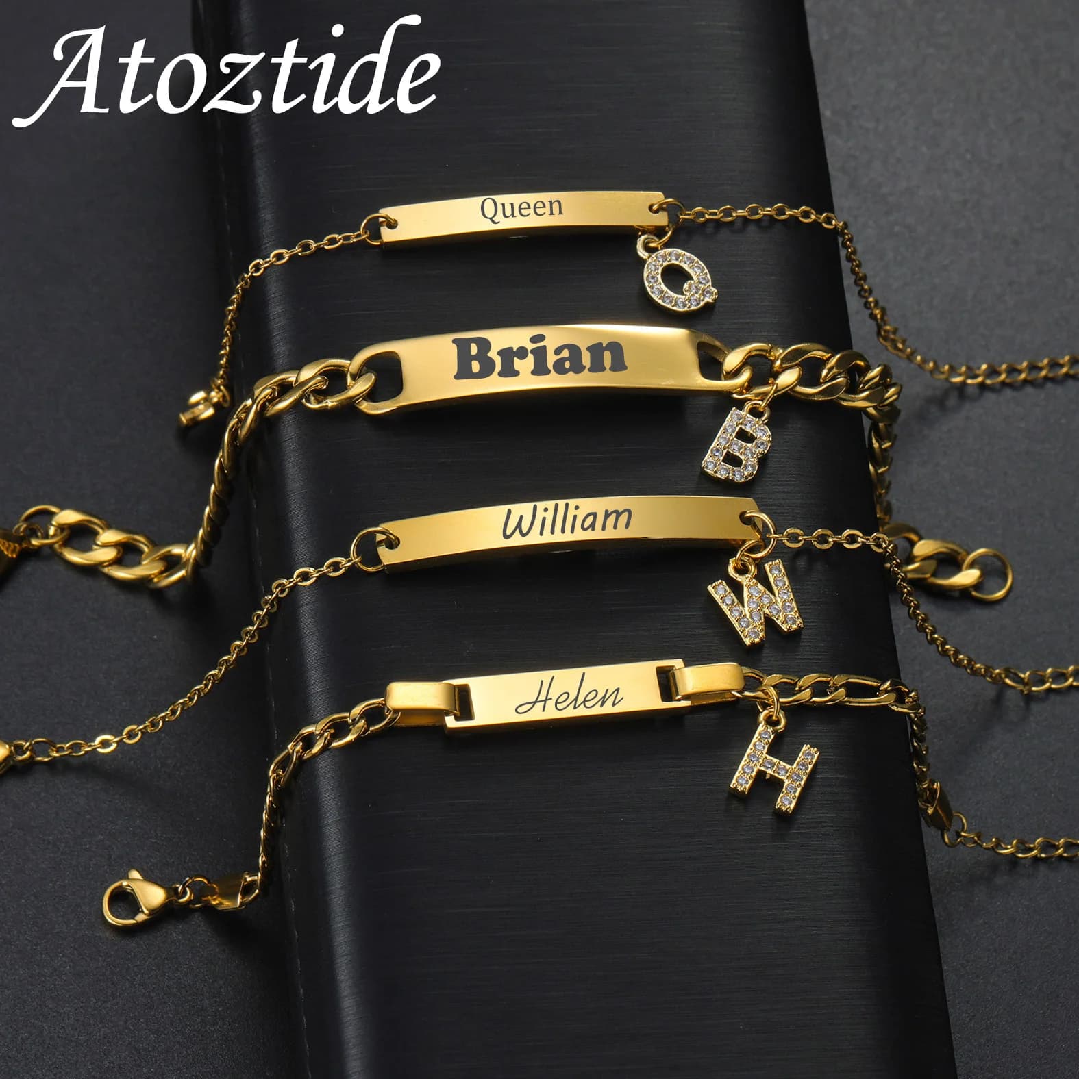 Atoztide Bracciale con barra con nome inciso per donne e bambini con lettera zircone Gioielli in acciaio inossidabile Catena regolabile Regalo personalizzato