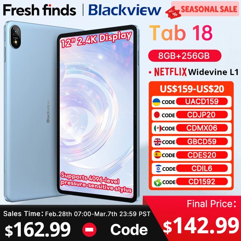 Blackview Tab 18 Tablet da 12 pollici 12GB+256GB 16MP 2.4K FHD+ Display 8800mAh Batteria Widevine L1 MTK Helio G99 33W