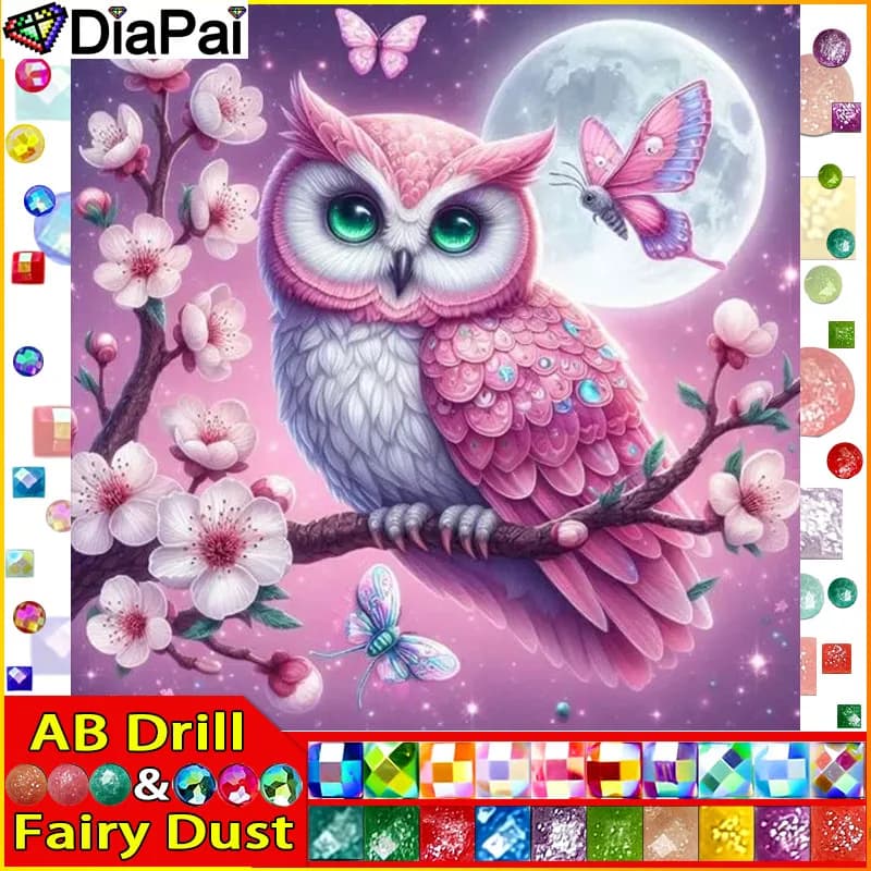 DiaPai Fairy Dust AB Ricamo pieno di diamanti "Gufo Fiore Luna" Pittura diamante Modelli punto croce Strass Casa incompiuta