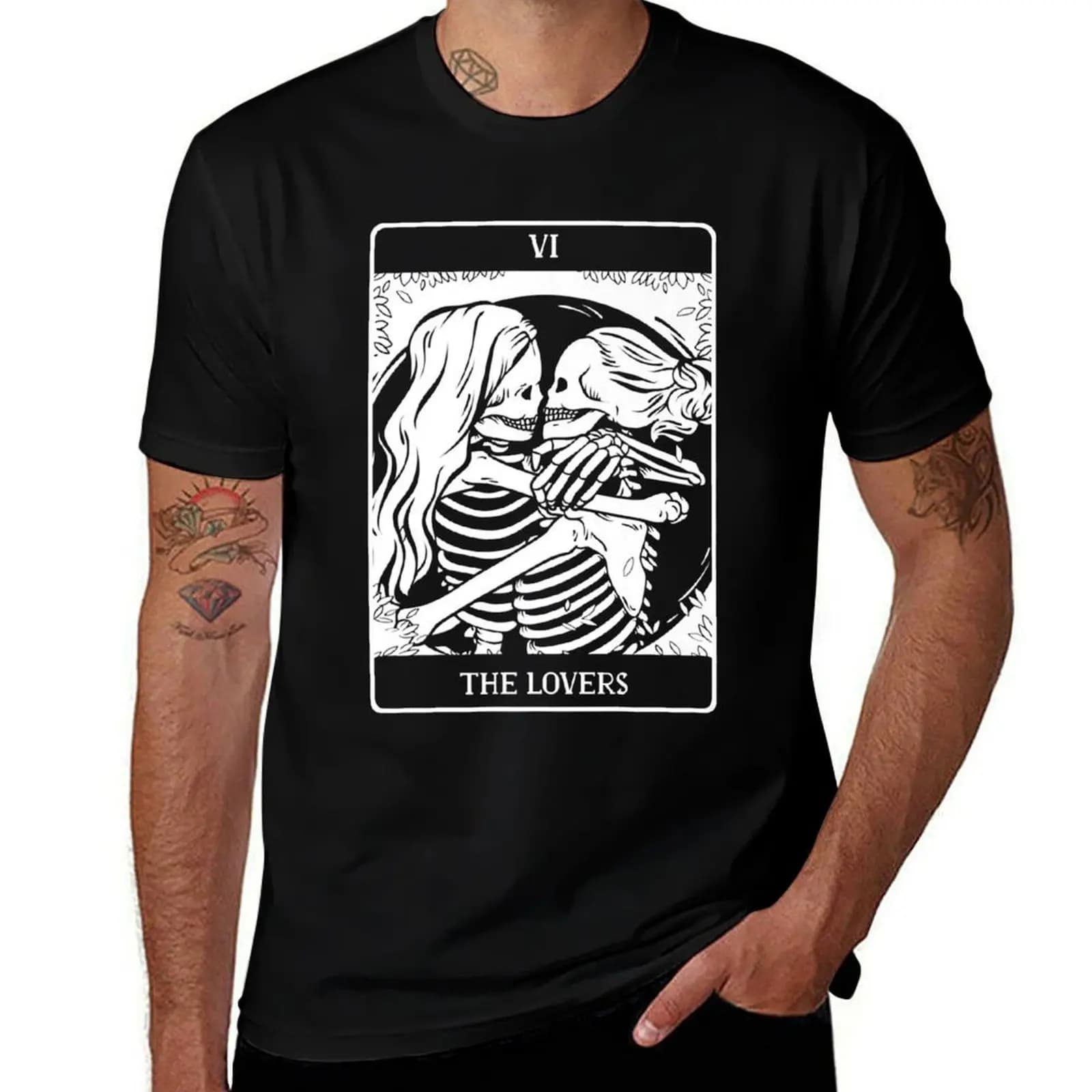 The Lovers Tarot Card Occult Goth Lesbian Skeleton Halloween T-Shirt Casual Holiday Short Sleeve Tee