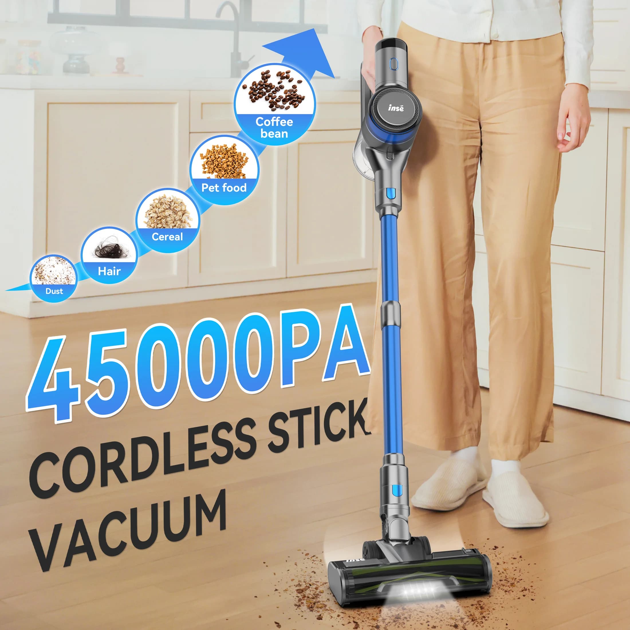Portable vacuum cleaner INSE S9X, wireless vacuum cleaner 45000 Pa, rechargeable battery with battery life up to 55 minutes