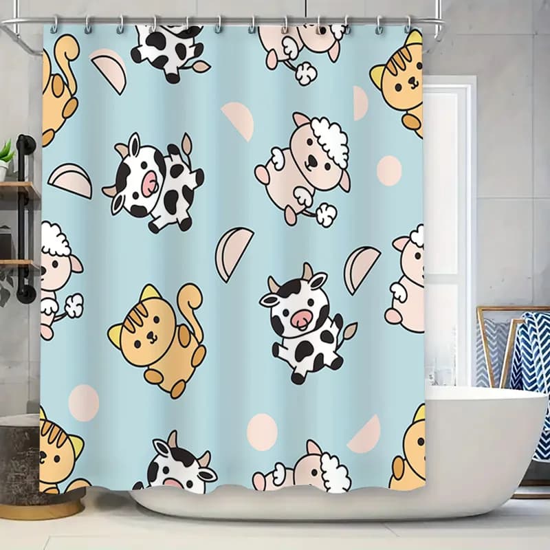 Set di tappeti da bagno decorativi per tende da doccia con animali blu cartoni animati Decorazione per la casa impermeabile Accessori per il bagno 180x245 cm (70 x 96) (