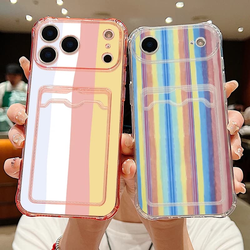 Rainbow Stripe Phone Case For iPhone 17 Pro Max Clear TPU Silicone Card Slot Cover For iPhone 16 15 14 13 Pro Max 11 16E 17E