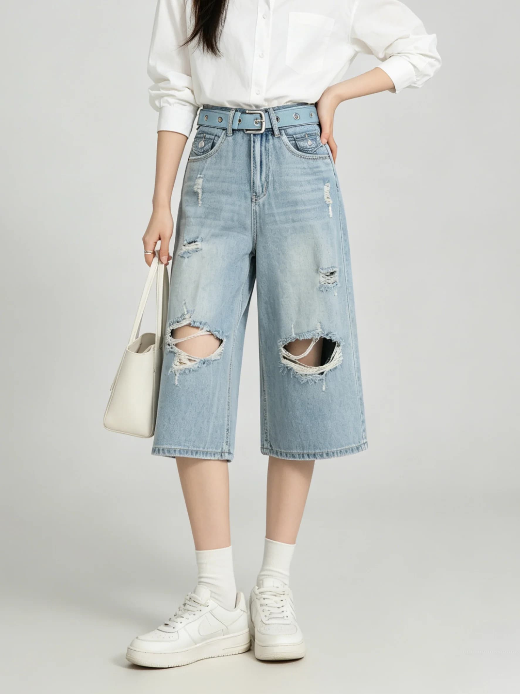 Retro American Washed Denim Wide Leg Pants Loose Slimming Korean Style Seven-Foot Summer Jeans Casual High Waist Trousers