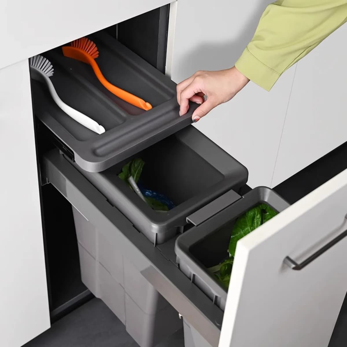 Kitchen cabinet embedded trash can built-in hidden with lid pull-out double bucket classification household door embedded type