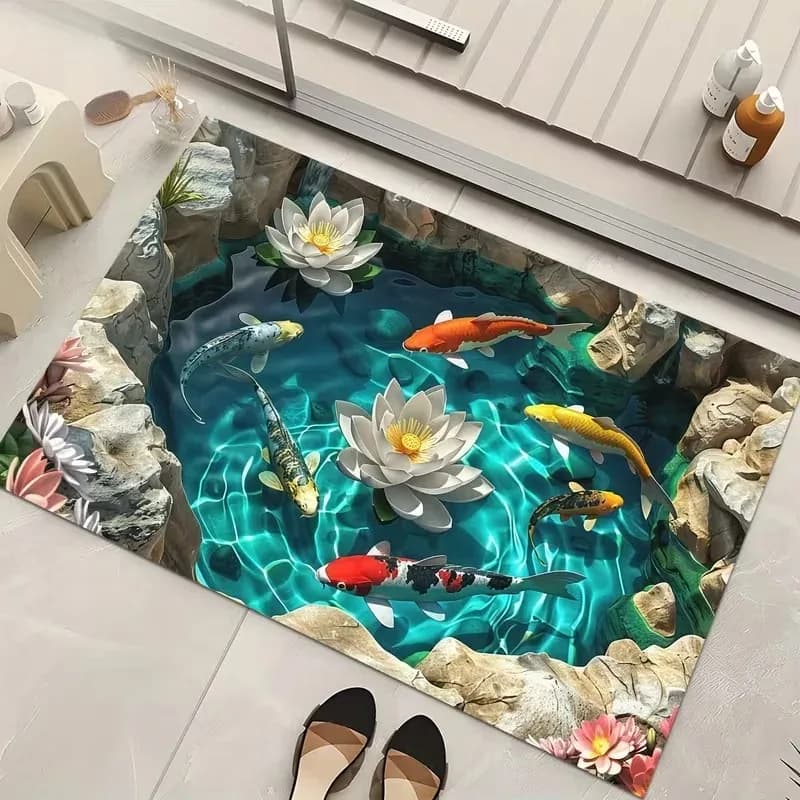 Tappetino per ingresso con stampa 2D effetto Koi, illusione visiva 2D, design acqua e pesci, base antiscivolo resistente, ideale per l'ingresso di casa