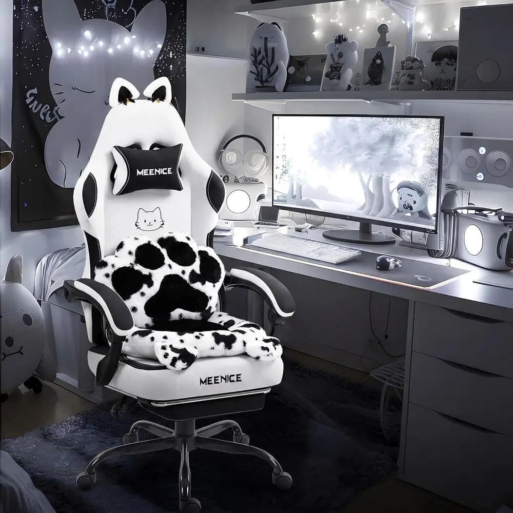 Gaming Chair Cute with Cat Ears Paw Lumbar and Cushion,Ergonomic Computer Chair with ootrest,Reclining PC Game Chair or Girl Com