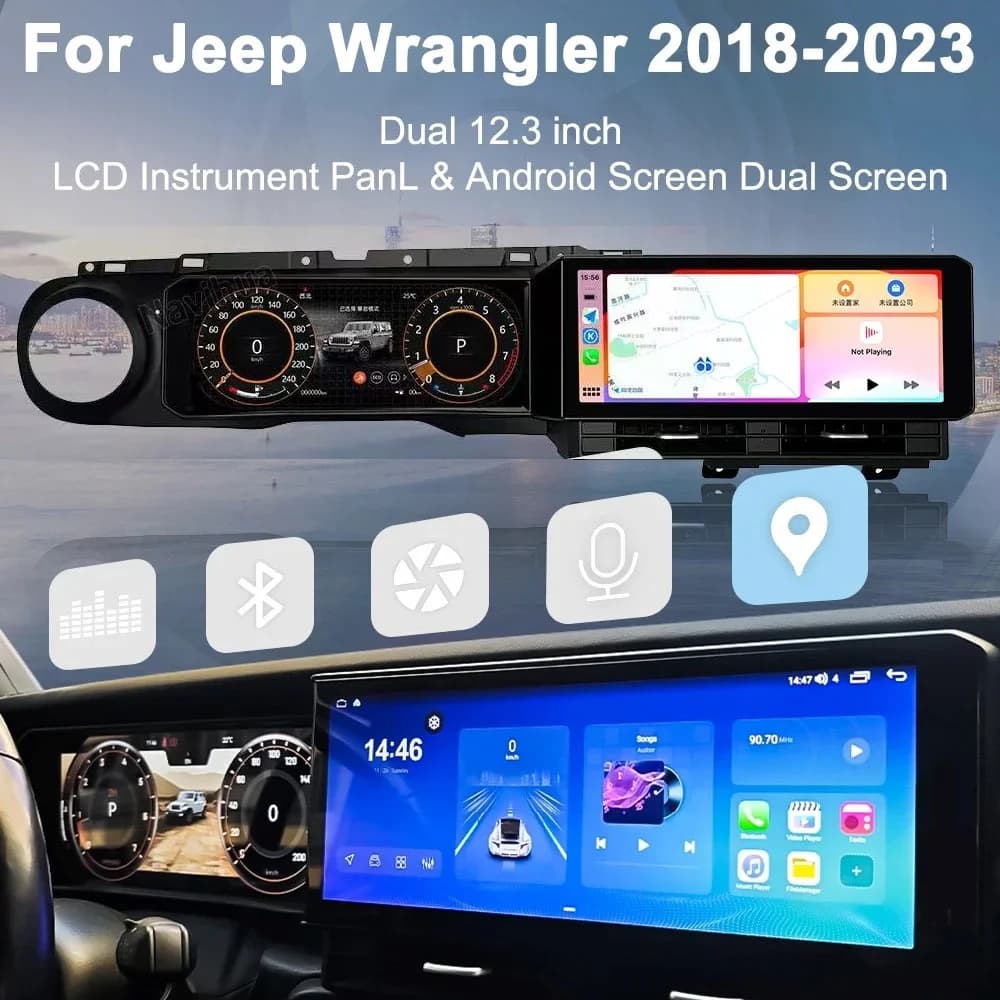 New Upgrade Dual 12.3inch Screen Android Multimedia Radio LCD Dashboard Digital Cluster Carplay For Jeep Wrangler JL 2019-2023