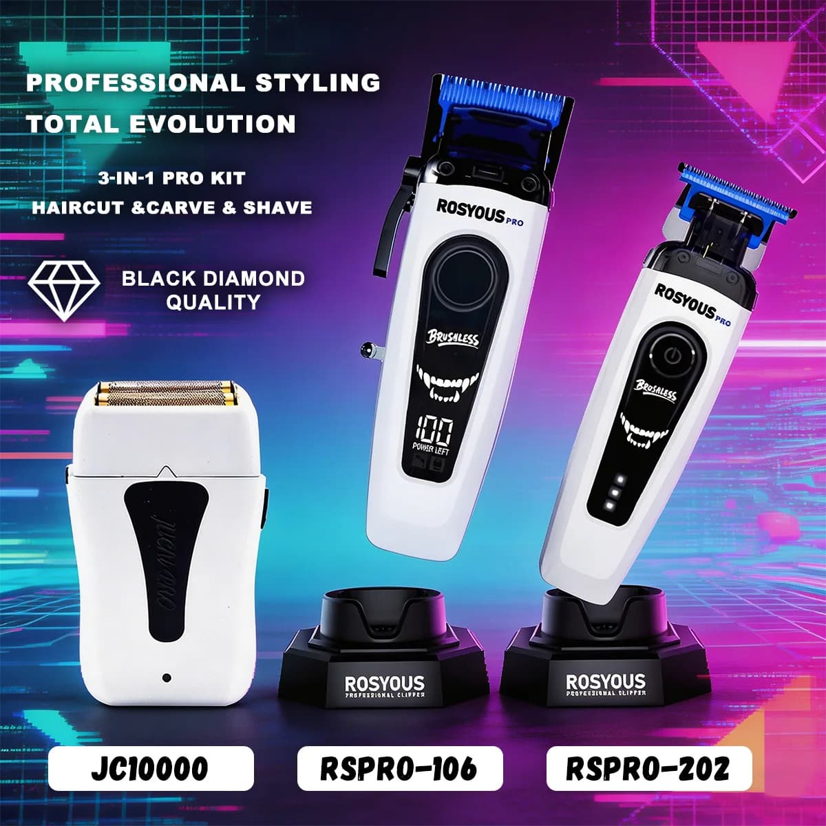 Set Professionale JUCAI ROSYOUS per Taglio Capelli e Barba con Base di Ricarica, Modello JC10000 RSPRO-106 620