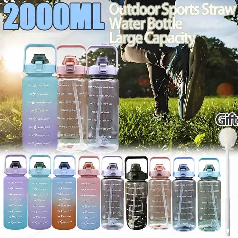2025 Primavera/Estate 2L Bottiglia d'acqua sportiva con cannuccia rimbalzante in plastica per esterni di grande capacità Tazze di ricarica portatili a prova di perdite