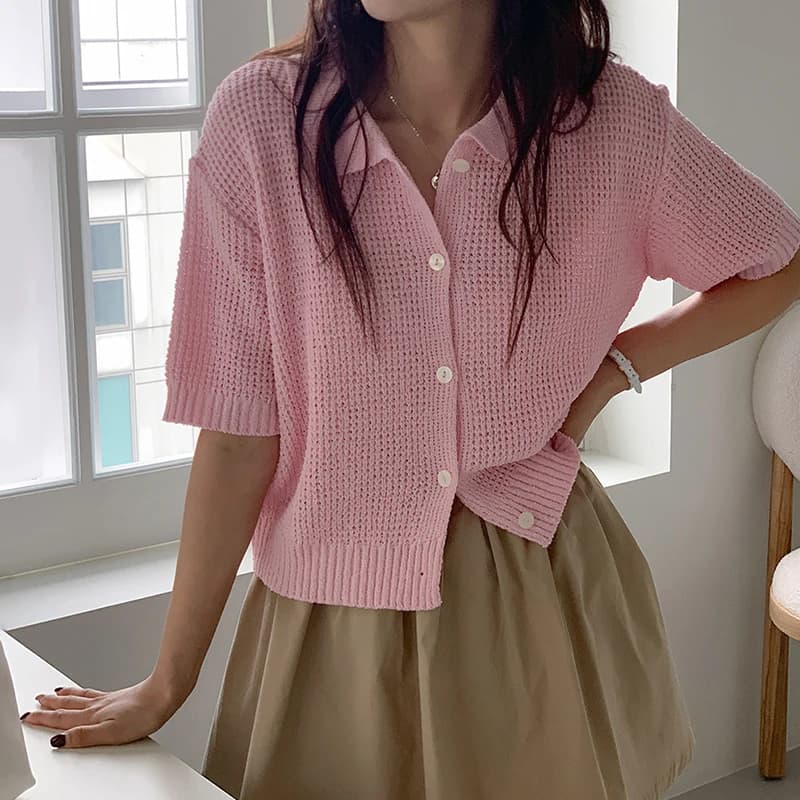 Curved Bead Heavy Weightdraped Lapel Cardiganknitting Shirt Summer Wearable Cool Pure Color Short Sleeve Sweater