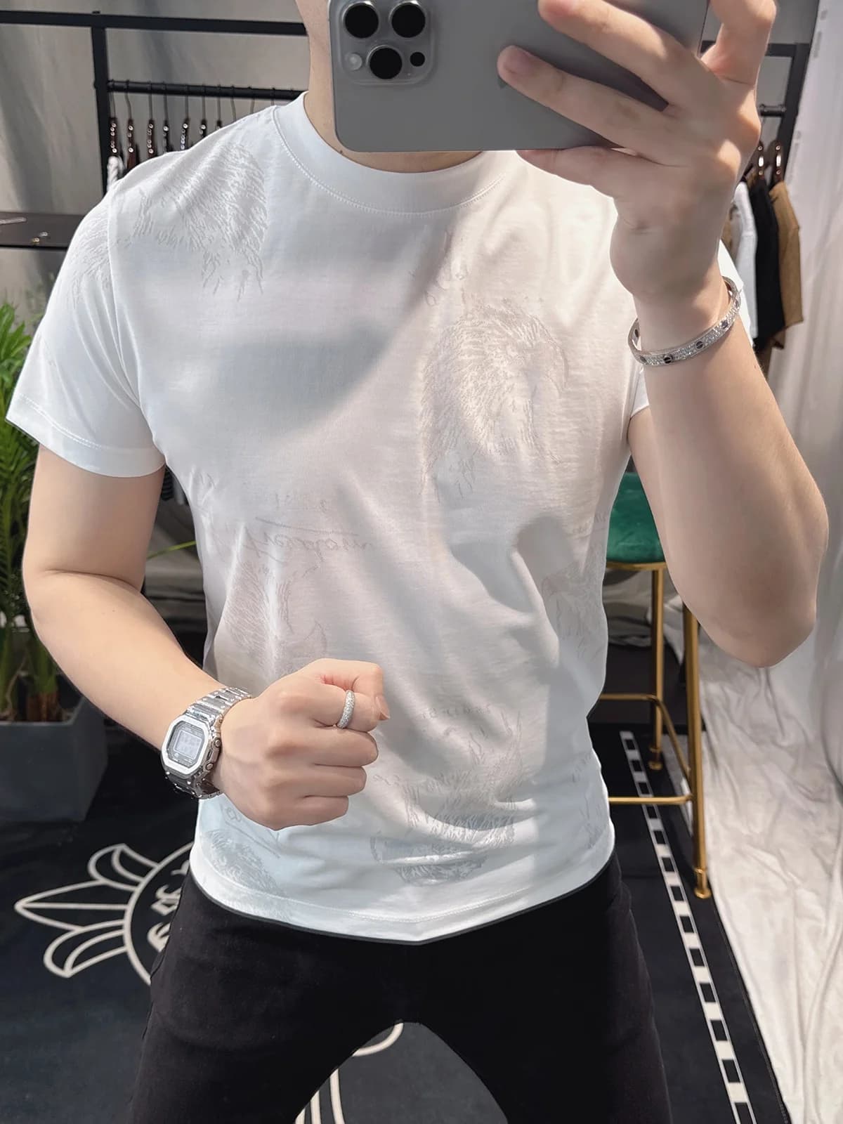 Slim Fit Short Sleeve T-Shirt for Men Fashionable Stylish Versatile Summer Trendy Casual round Neck Print Ice Silk Youth