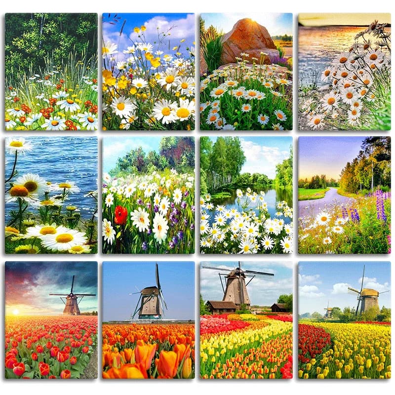 1pc frameless Acrylic Painting By Numbers Flower Field Oil Handpainted Paint By Numbers Landscape For Home Decors Diy Gift