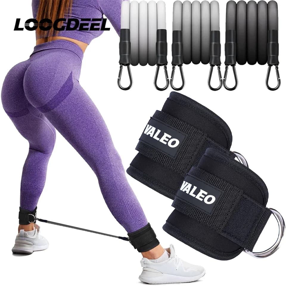 LOOGDEEL Set di Cinghie di Resistenza per Caviglia con Polsini e Fascia per Sollevamento Fianchi, per Esercizi Yoga, Supporto Gambe Donna Uomo con Anello a D