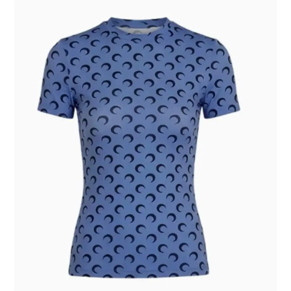 T-shirt da donna slim fit blu e nero con stampa luna, collo a mezza altezza, manica corta, elastica, versatile, estiva, top alla moda per il look street style
