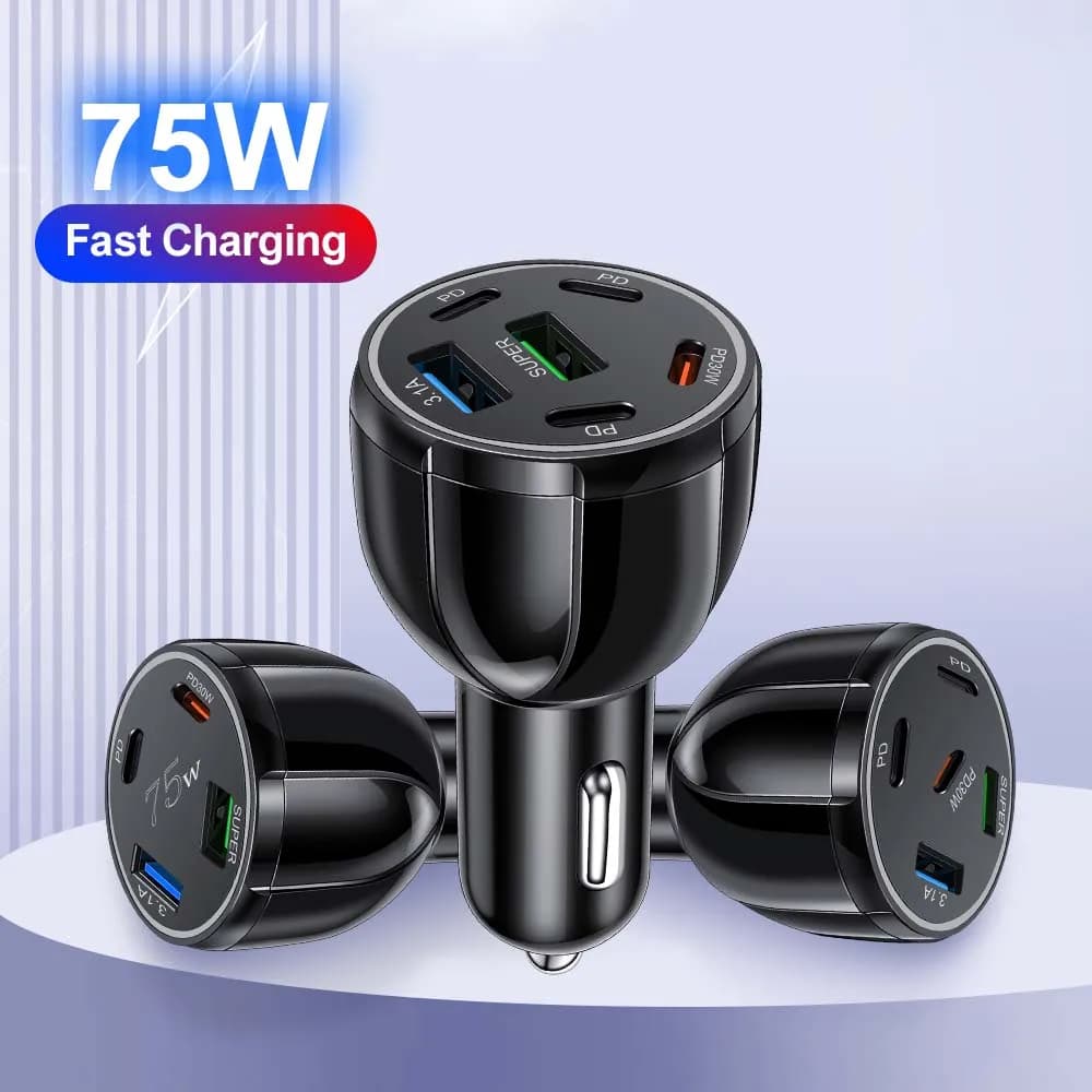 75 W USB Car Charger 4-6 Doors QC3.0 PD Type C Fast charging plug Universal ignition adapter for IPhone Xiaomi Samsung