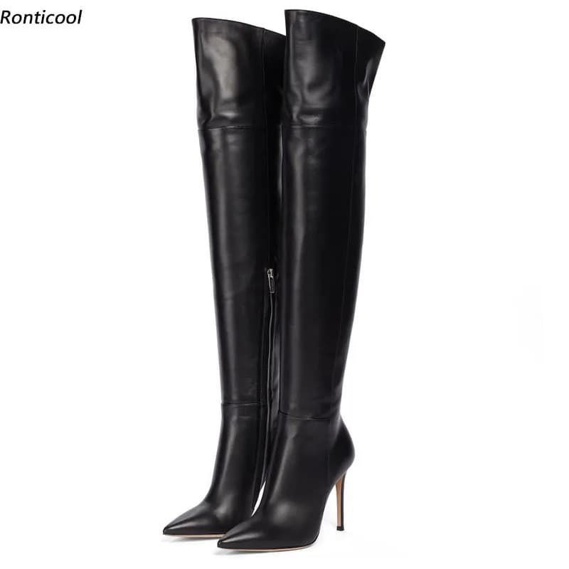 Ronticool Handmade Women Spring Thigh Boots Side Zipper Stiletto Heel Pointed Toe Elegant Black Night Club Shoes Us Size 5-16