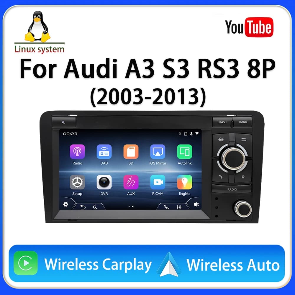 Autoradio da 7 pollici per Audi A3 con sistema Linux, Carplay wireless, Android Auto cablato, radio USB, Bluetooth 5.1, FM e MirrorLink