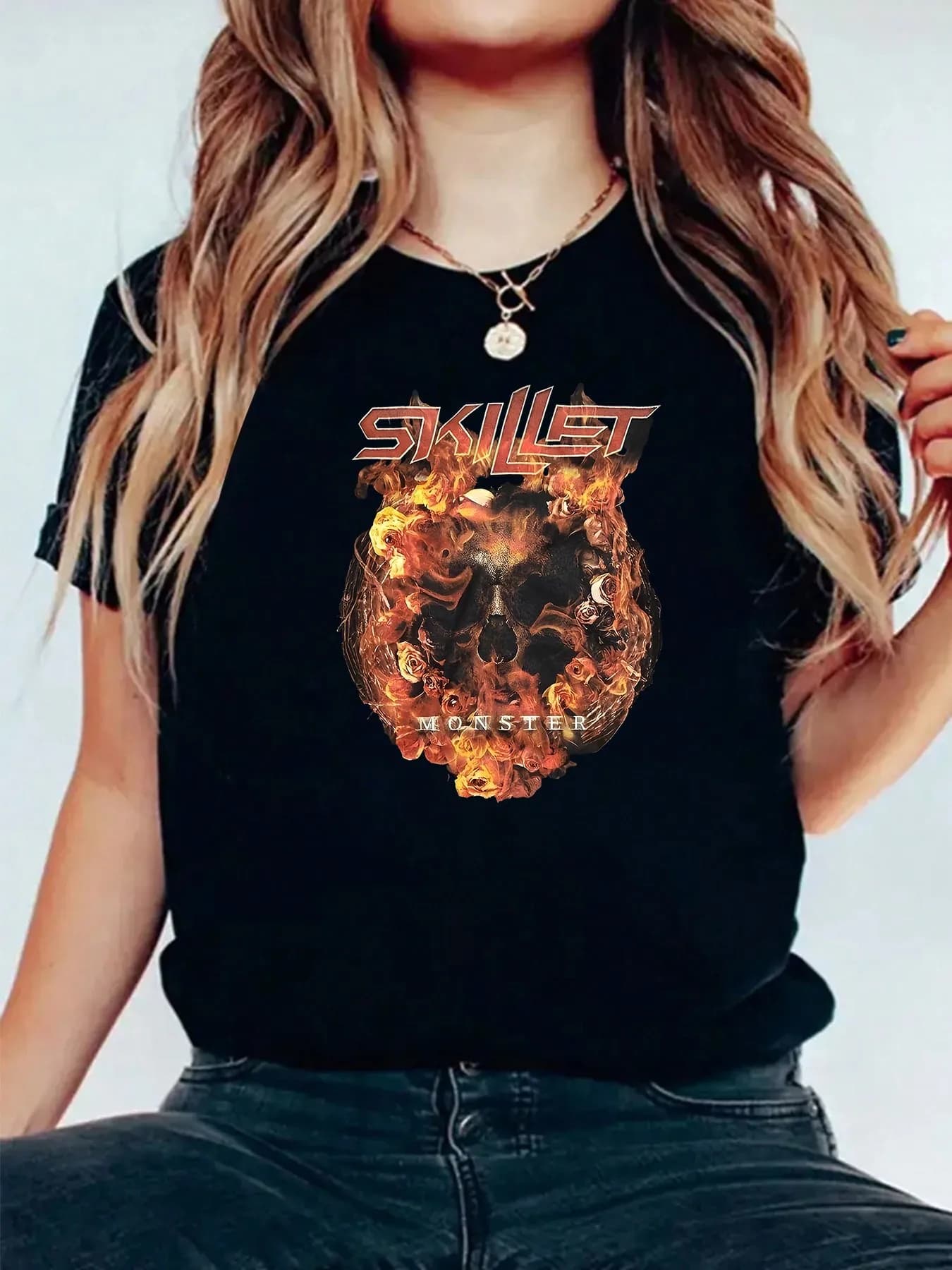 Unisex Rock Band Graphic T Shirt Skull And Floral Elements Sho