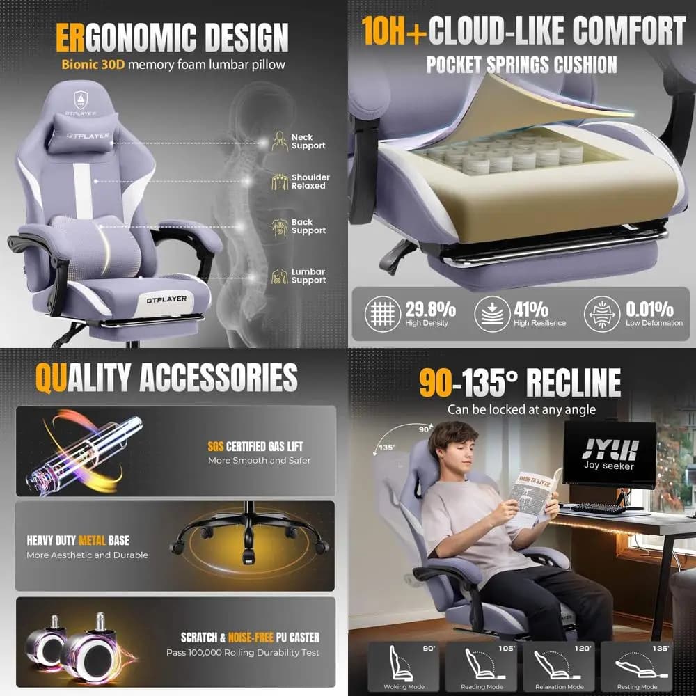 Sedia da Gaming Ergonomica con Schienale Alto, Poggiapiedi, Cuscino a Molle Insacchettate, Tessuto Traspirante, Poggiatesta e Supporto Lombare in Lavanda