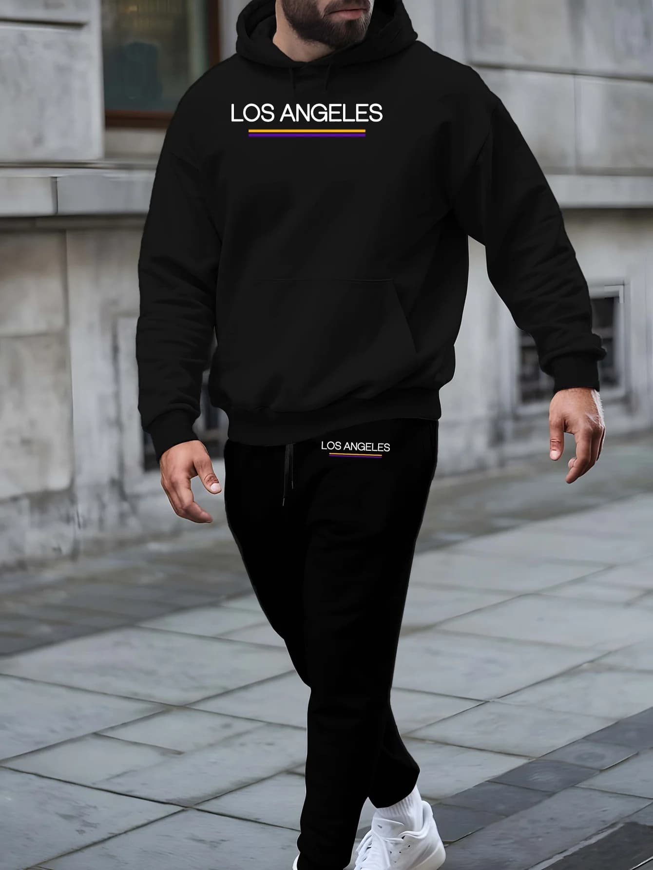 Los Angeles Fall/Winter Hoodie Tracksuit: Stylish Print, Casual Wear, Perfect for Fall/Winter Sports, Features Drawstring Design
