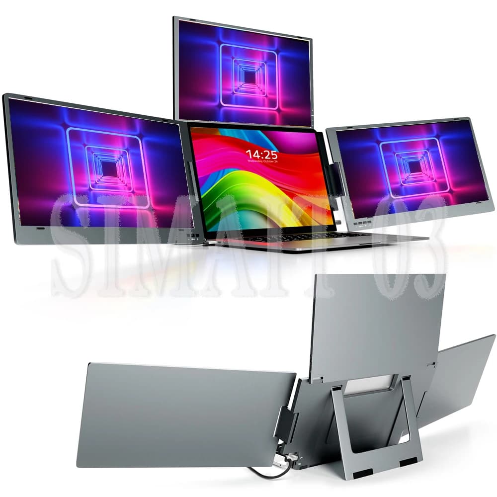 Space-Saving 3-Screen Laptop Extender - 3x14" FHD Aluminum Monitors